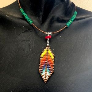 Peyote Stitch Feather with Turquoise & Coral Necklace